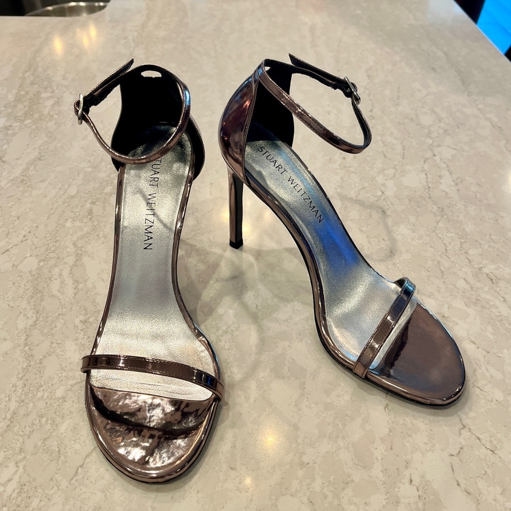 Stuart Weitzman Nudistsong Pewter Silver Ankle Strap Heels